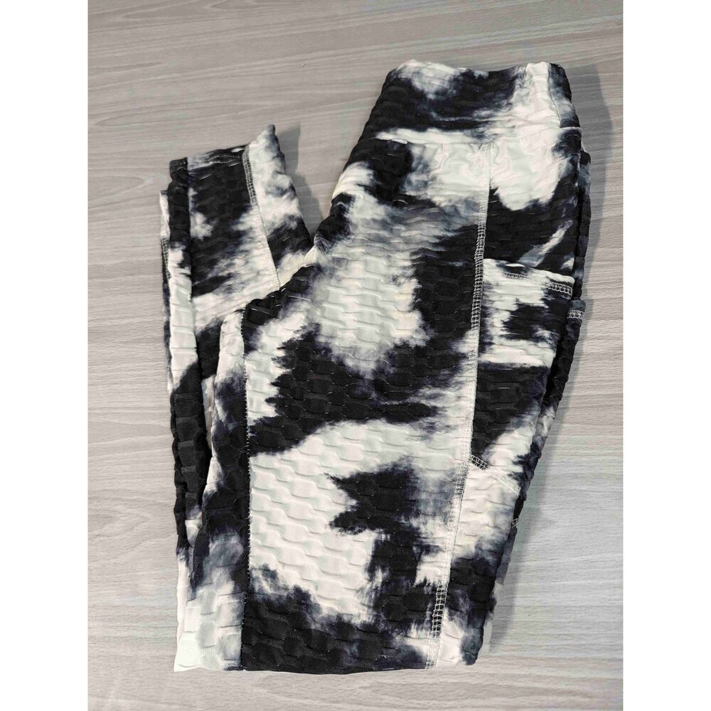 Rouched Booty Leggings Pants Womens Medium M Black Camo Tie-Dye Textured Pockets